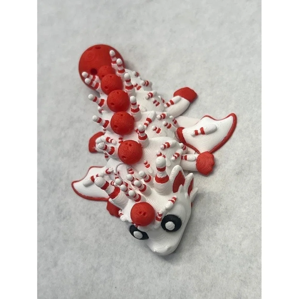 3D Printed Articulated Peppermint Dragon Fidget Toy Red Bowling 5.5in